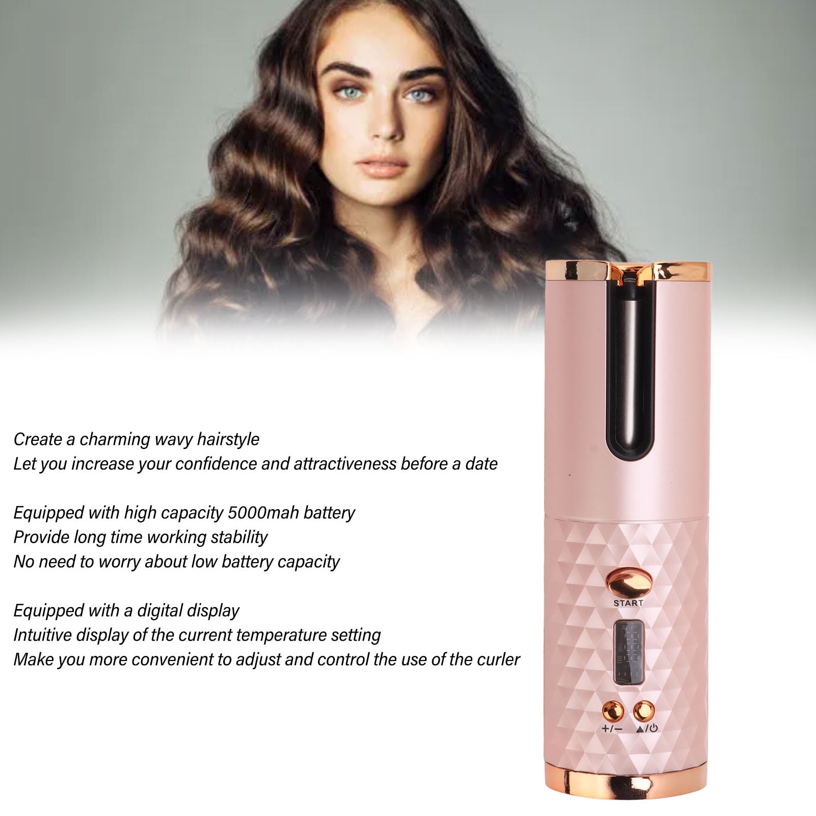 Cordless Auto Curler: USB Rechargeable, Fast Heat, 5000mAh Battery Digital Display For Effortless Styling
