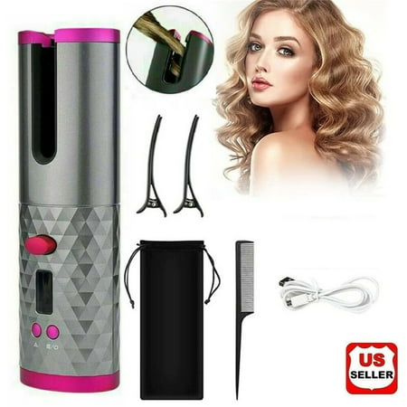 Cordless Auto-Rotating Hair Curler Hair Waver Curling Iron with LCD Temp Display, Rechargeable Portable,Temperature Adjustable Tourmaline Ceramic Hair Roller for Travel (Pink)