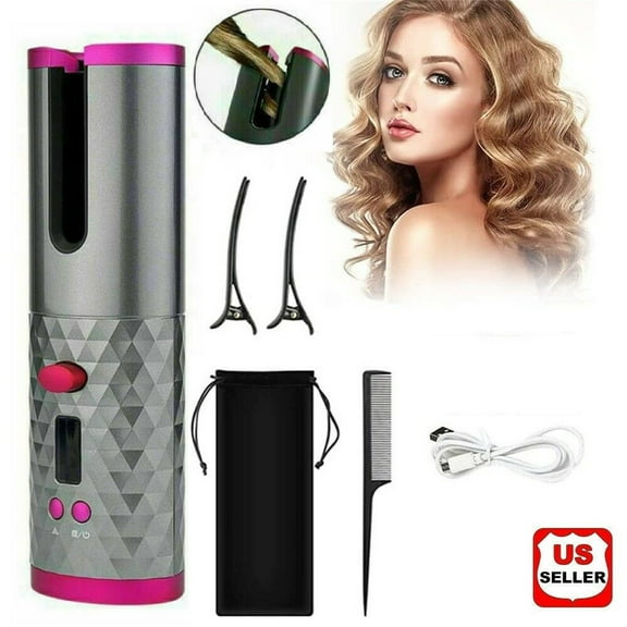 Cordless Auto-Rotating Hair Curler Hair Waver Curling Iron with LCD Temp Display, Rechargeable Portable,Temperature Adjustable Tourmaline Ceramic Hair Roller for Travel （Pink）