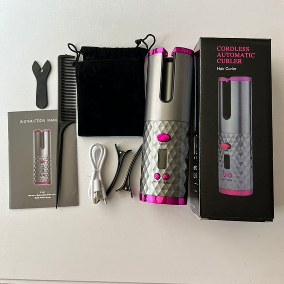 Cordless Automatic Curler Portable Electric Curling Iron with LCD Temperature Display Rapid Heating Automatic Rotating Ceramic Curler USB Rechargeable for Travel and Home Use