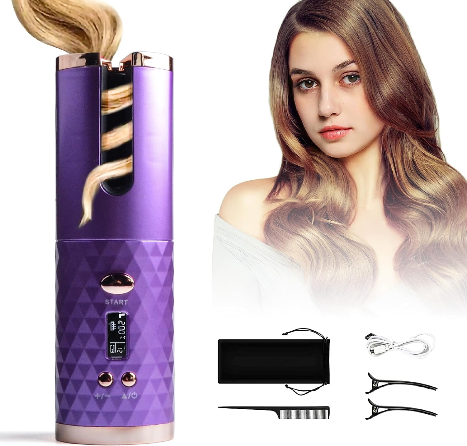 Cordless Automatic Hair Curler, USB Rechargeable Auto-Rotating Ceramic Curling Iron with 6 Temperature & 6 Timer Settings for Travel