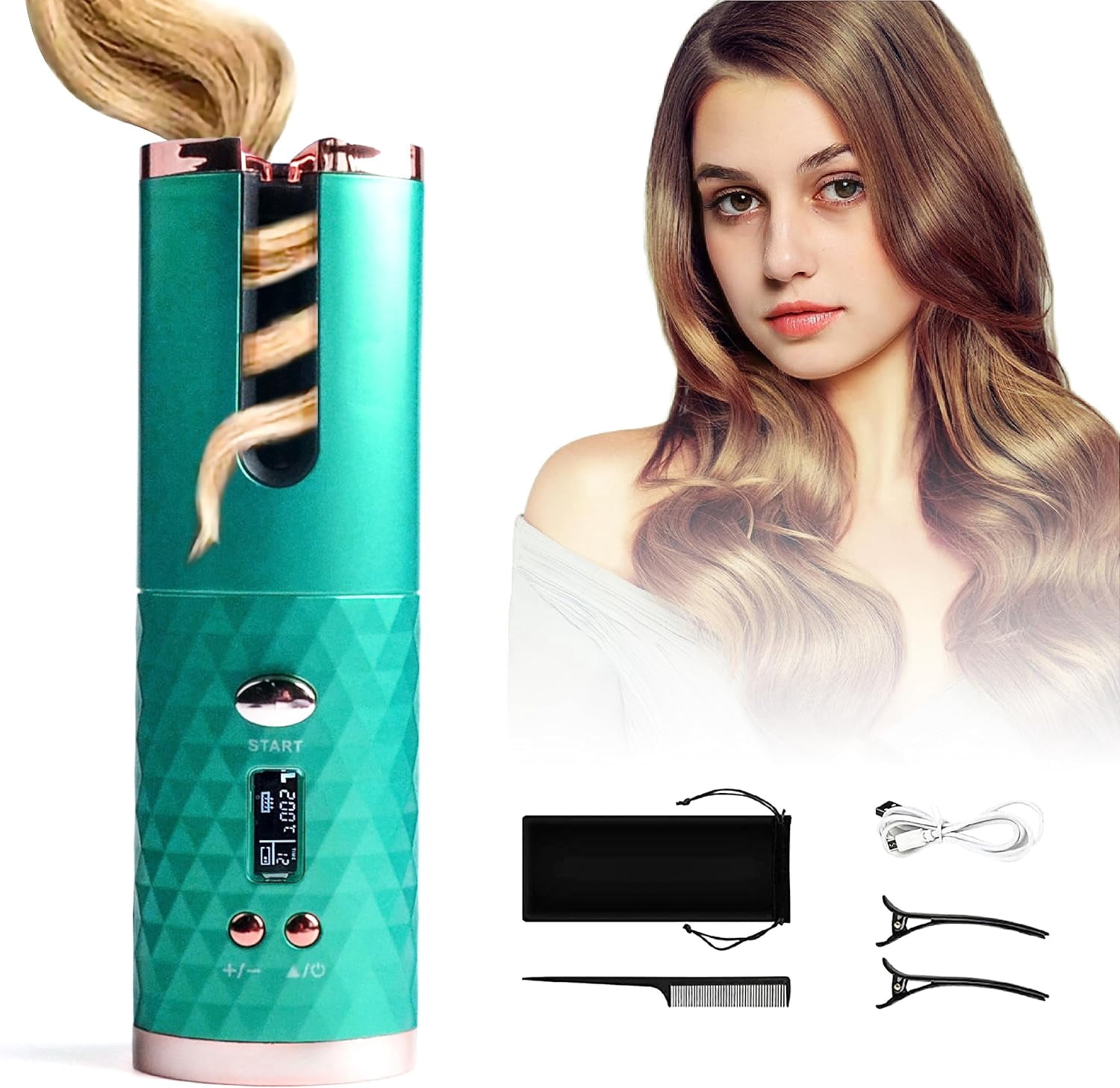 Cordless Automatic Hair Curler, USB Rechargeable Auto-Rotating Ceramic Curling Iron with 6 Temperature & 6 Timer Settings for Travel