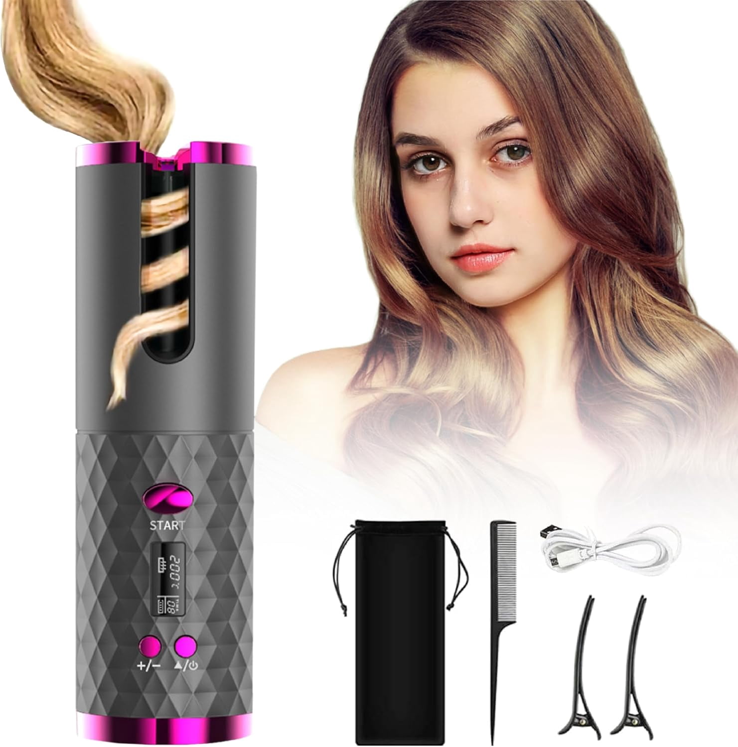 Cordless Automatic Hair Curler, USB Rechargeable Auto-Rotating Ceramic Curling Iron with 6 Temperature & 6 Timer Settings for Travel