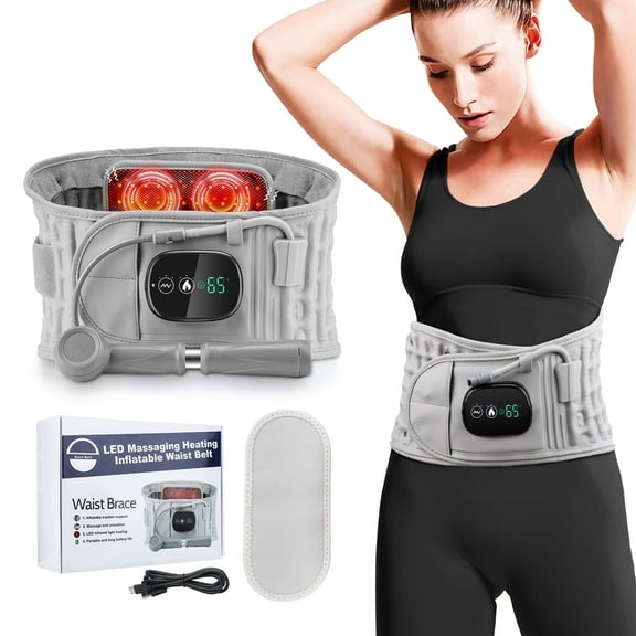 Decompression Back Support Belt, Cordless Spinal Air Traction Belt, Inflatable Waist Heating Belt with Red Light, 3-speed Heating Vibration for Lower Back, 29-49" Waist, Gray