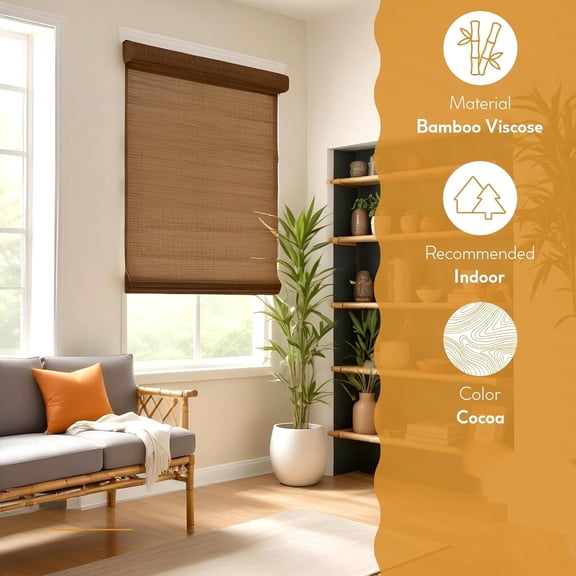 Cordless Bamboo Roman Shades for Windows - Flatstick Bamboo Blinds for Semi-Private Light Control - Easy to Lift & Fold Up Window Shades - Cocoa - 23 in. W x 64 in. L