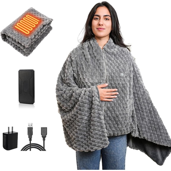 Cordless Battery Operated Heated Blanket, Wearable Heating Throw for Car,Camping,Office Warm Gift Machine Washable Super Cozy Soft Blanket with 10000 mAh Battey Pack 3 Heating Levels 63" X 35"