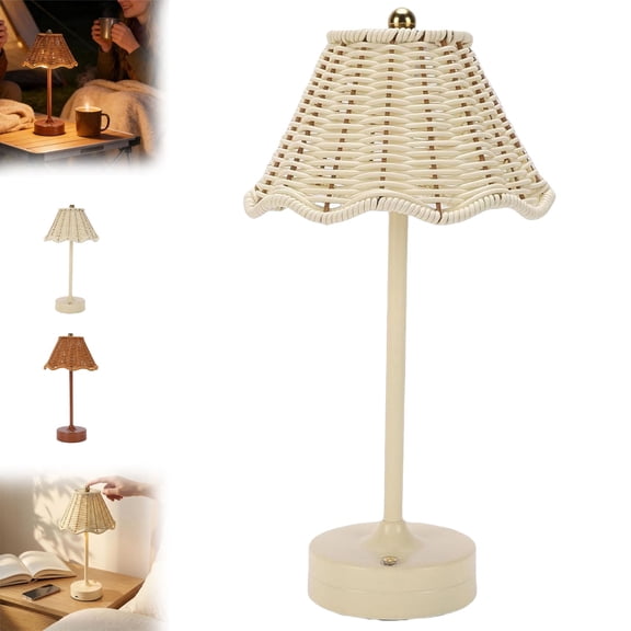 Cordless Boho Rattan Table Lamp, Soft Ambient Lighting, Cordless Wicker Woven Table Lamp, Echargeable Dimmable LED Lamp, Portable Lightweight Design, for Living Room Office Home Reading, White