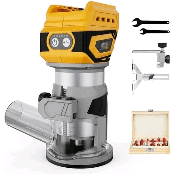 Cordless Brushless Compact Router,Compatible with Dewalt 20V Battery(Bare Tool),Palm Router with 5 Speed,28000RPM 600W w/Fixed Base, 12PCS 1/4" Router Bits for Woodworking, Edge Trimming, Grooving