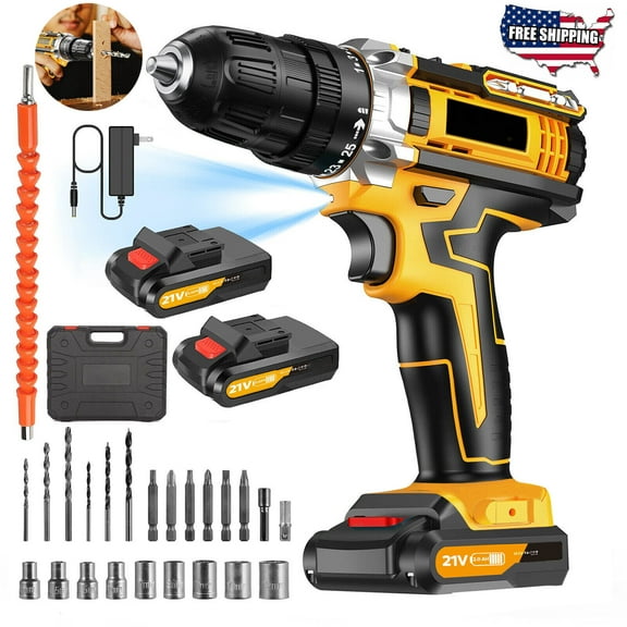 Cordless Brushless Impact Driver Hammer Drill Combo Kit with 2 Battery & Charger