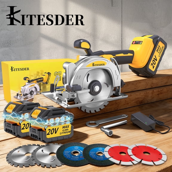 Cordless Brushless Mini Circular Saw 5 Inch Compact Power Saw with 2.0/4.0Ah Batteriy Fast Charger 3 Speed Adjustment 6900 RPM Max Cutting Depth 1-11/16 Inch at 45 1-1/8 Inch at 45 for Wood Tile
