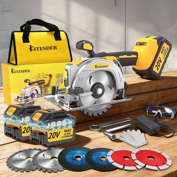 Cordless Brushless Mini Circular Saw 5 Inch Compact Power Saw with 2.0/4.0Ah Batteriy Fast Charger 3 Speed Adjustment 6900 RPM Max Cutting Depth 1-11/16 Inch at 45° 1-1/8 Inch at 45° for Wood Tile