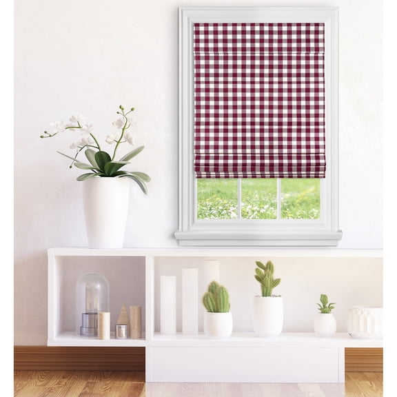 Cordless Buffalo Check Roman Shade - Stylish & Functional Window Treatment | Light Filtering Fabric | Hidden Pull Handle | Retractable with Attached Valance