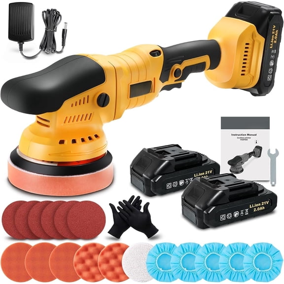 Cordless Buffer Polisher, 2x2000mAh 21V 5 Inch Random Orbital Polisher for Detailing, Waxing, Polishing, Scratch Removing, 6 Variable Speed Buffer Polishing Kit