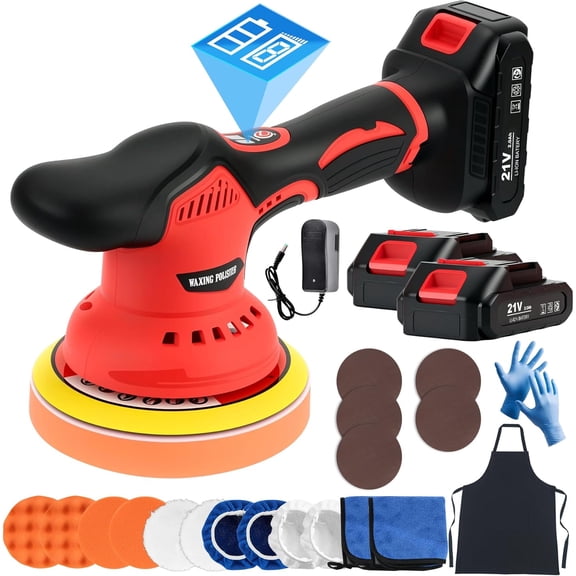 Cordless  Buffer Polisher Kit with 2x21V , 6 Inch  Polisher with 8 Variable Speed 2800-6000RPM & 21 count Attachments, Orbital Polisher for  Detailing, Sanding,Scratch Removing