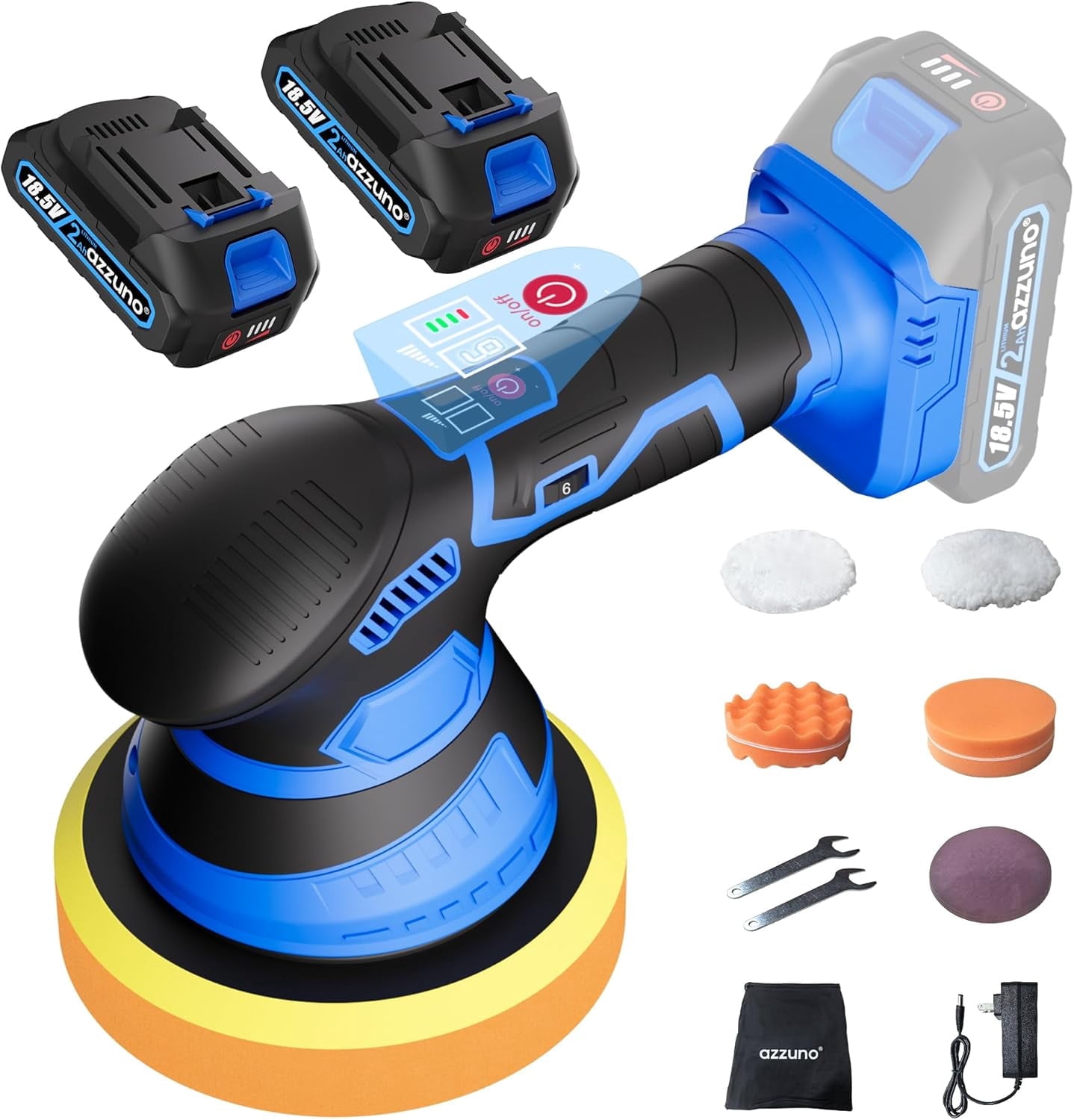 Azzuno Cordless Car Buffer Polisher, 2x2Ah 21V Batteries 6'' Buffer Waxer Kit, 6 Variable Speed 5500RPM Orbital Polisher for Car Detailing