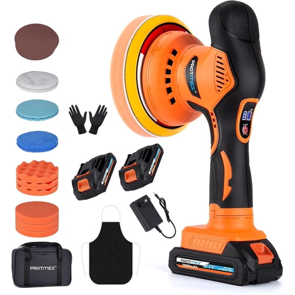 Cordless Car Buffer Polisher 6 Inch Orbital DA Polisher 6 Variable Speed 21V Car Polishing Machine with 2x2000mAh Batteries 18 PCS Accessories Car Detailing Buffing Machine Kit Orange