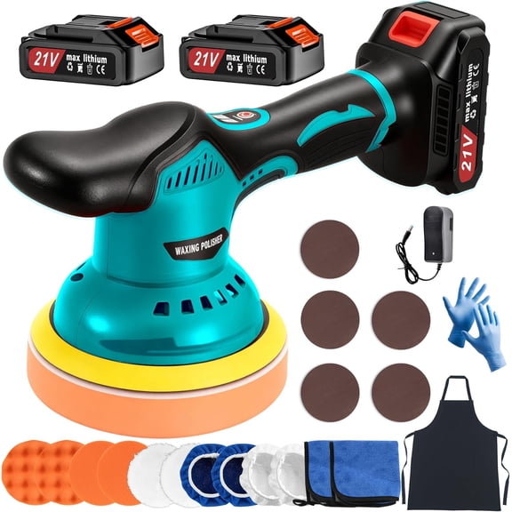 Cordless Car Buffer Polisher Kit with 2x21V Batteries, 6 Inch 8 Variable Speed Max 6000RPM & 21 PCS Attachments, for Detailing, Sanding, Scratch Removing