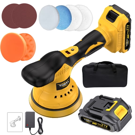 Cordless Car Buffer Polisher kit [2x 2000mAh 21V Batteries & 18 PCS Attachments] 6-Speed Orbital Design, LED Display, Lightweight Detailing Tool for Waxing, Polishing & Scratch Removal-Yellow