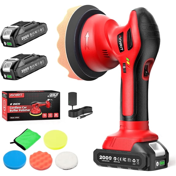 Cordless Car Buffer Polisher kit w/ 2x2000mAh 21V Batteries, 6 Inch Car buffer Waxer Kit w/ 6 Variable Speed & Extra Attachments, Polisher for Car Detailing,Boat Sanding,Scratch Removing