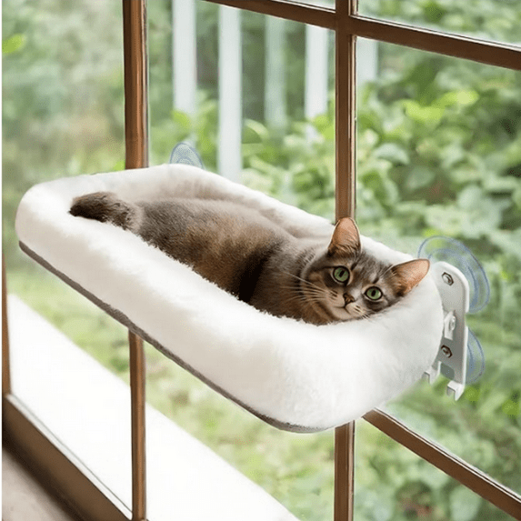 Cordless , Cat Foldable for Windows with 4 Strong Suction Cups, Solid Metal Frame, Patented Hook Design (Large-Cushion White)