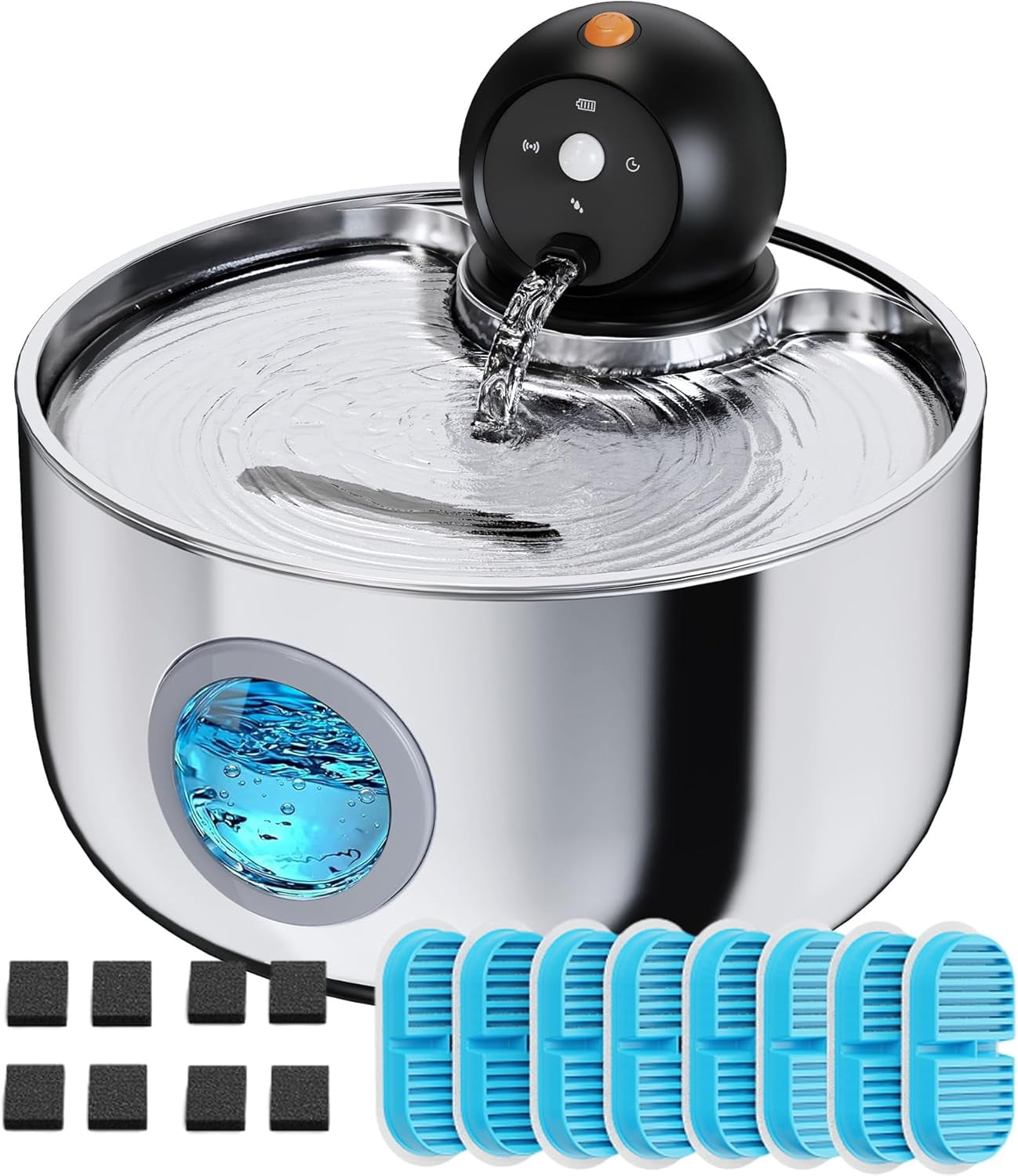 Cordless Cat Water Fountain with Motion Sensor - 88oz/2.6L Battery Operated Pet Dispenser, 6 Filters & 3 Sponges, Quiet Automatic Waterer for Indoor Cats and Small Animals