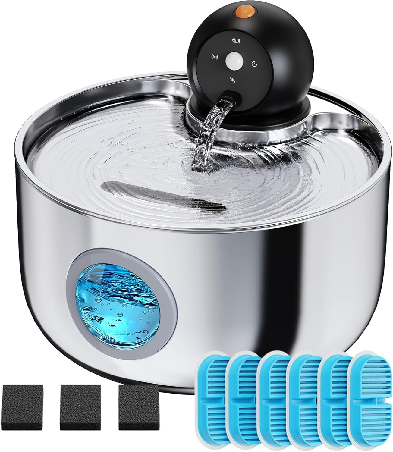 Cordless Cat Water Fountain with Motion Sensor - 88oz/2.6L Battery Operated Pet Dispenser, 6 Filters & 3 Sponges, Quiet Automatic Waterer for Indoor Cats and Small Animals