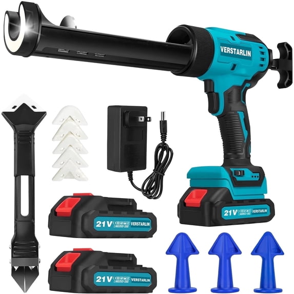 Cordless Caulking Gun, 21V Battery Powered Caulk Gun, Electric Caulking Gun w/2 x 2.0Ah Batteries, 9Pcs Caulk Remover Tool, LED Light, Auto Retract for Filling, Sealing