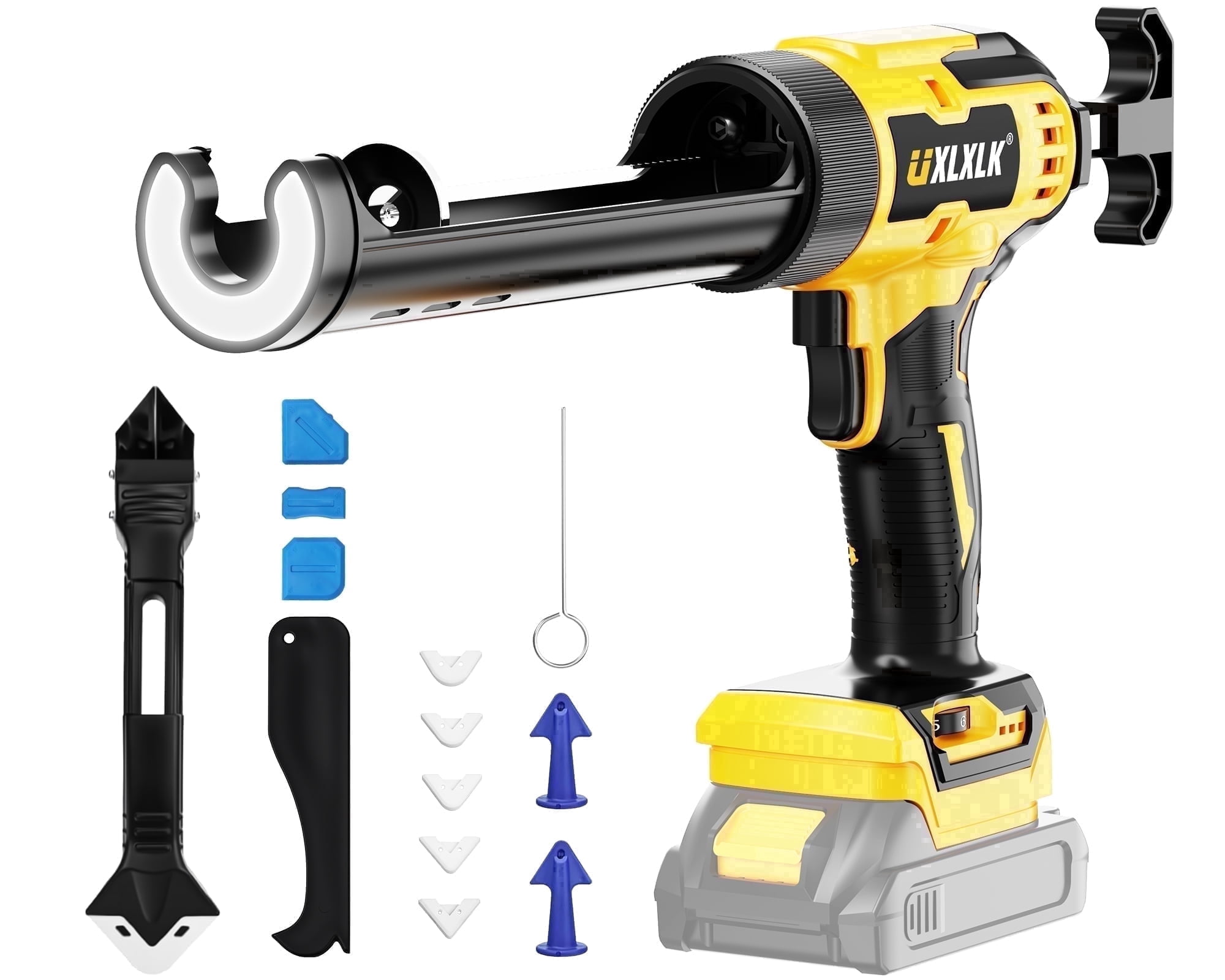 Cordless Caulking Gun Compatible With De-Walt 21V Max Battery(No Battery), 6 Adjustable Speeds w/ LED Light, Anti-Drip, Auto Retract, 13Pcs Caulking Tools for Filling, Sealing, Repair (NO Battery)