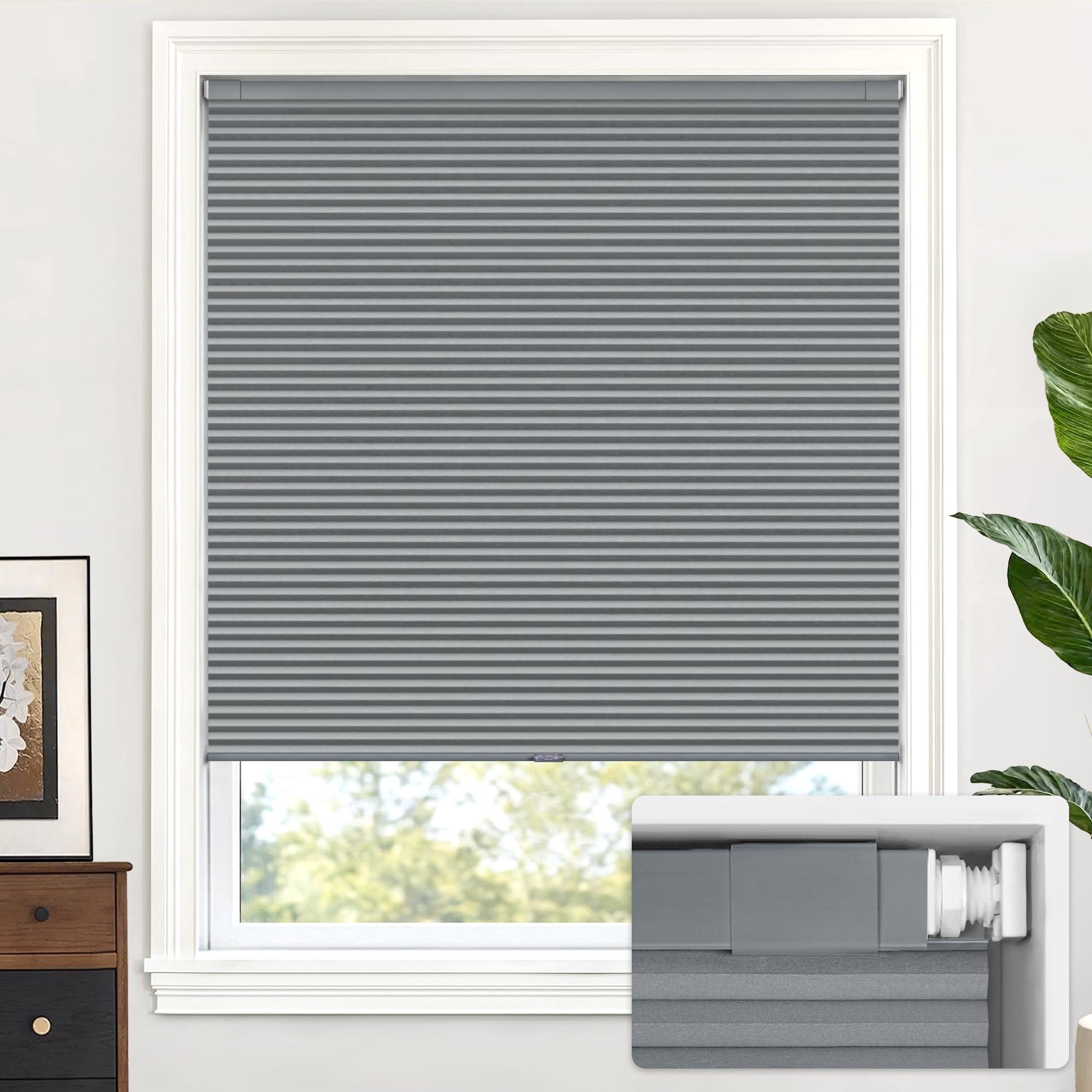 Cordless Cellular Shades  No Tools Drill Blackout Honeycomb Pleated Blinds For Windows 21'' W X 48'' H Dark Grey