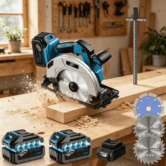 Cordless Circular Saw 21v Battery,5000RPM Electric Circular Saw, Blades(24T & 40T), 0-45 Bevel Cutting, Max 2-1/4" Depth for WoodDIY Framing & Home Renovation