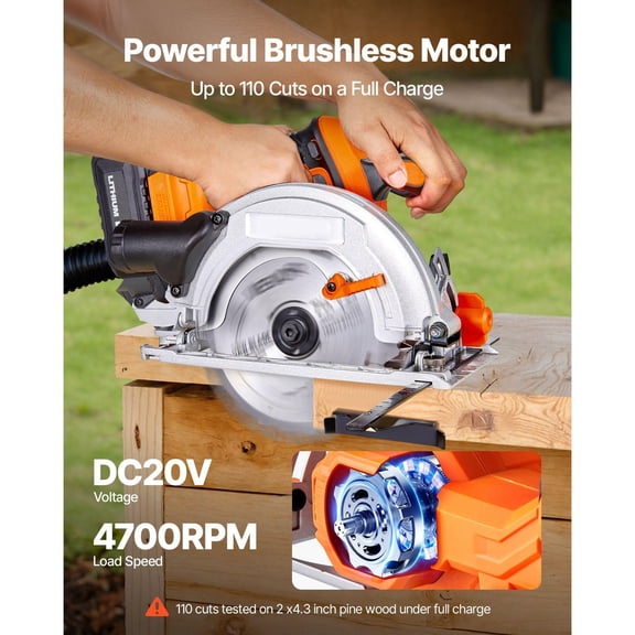 Cordless Circular Saw Kit 6.5 Inch Blade 4700 RPM Brushless Motor 0-45 Degree Bevel LED Light Battery Charger Included for Wood Cutting