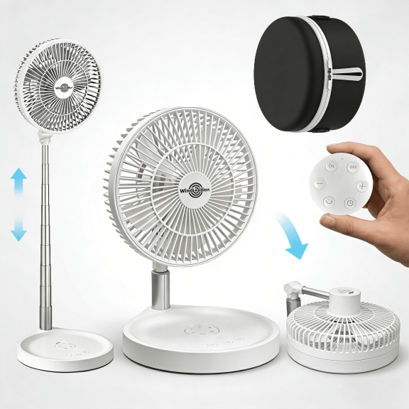 WindBillion Portable Rechargeable Fan 10", Cordless Foldable Standing & Desk Fan, 4 Speeds, Ultra-Quiet, Adjustable Height, USB-C, White