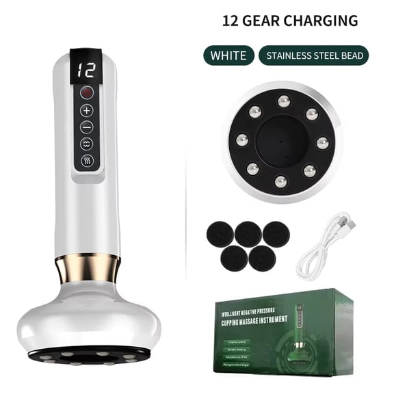 Cordless Cupping Body Massager Electric Gua Sha Device, 12 Levels, Quick Release, Steel Ball Head, USB Rechargeable, Washable, White, A-15
