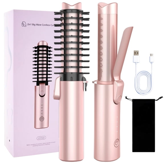 Cordless Curling Iron Brush, 3-in-1 Travel Hair Curler Straightener Brush, 7000mAh Rechargeable Mini Curling Iron Tool, 4 Temperatures/Fast Heating/Anti-Scald/Anti-Frizz Hot Rollers