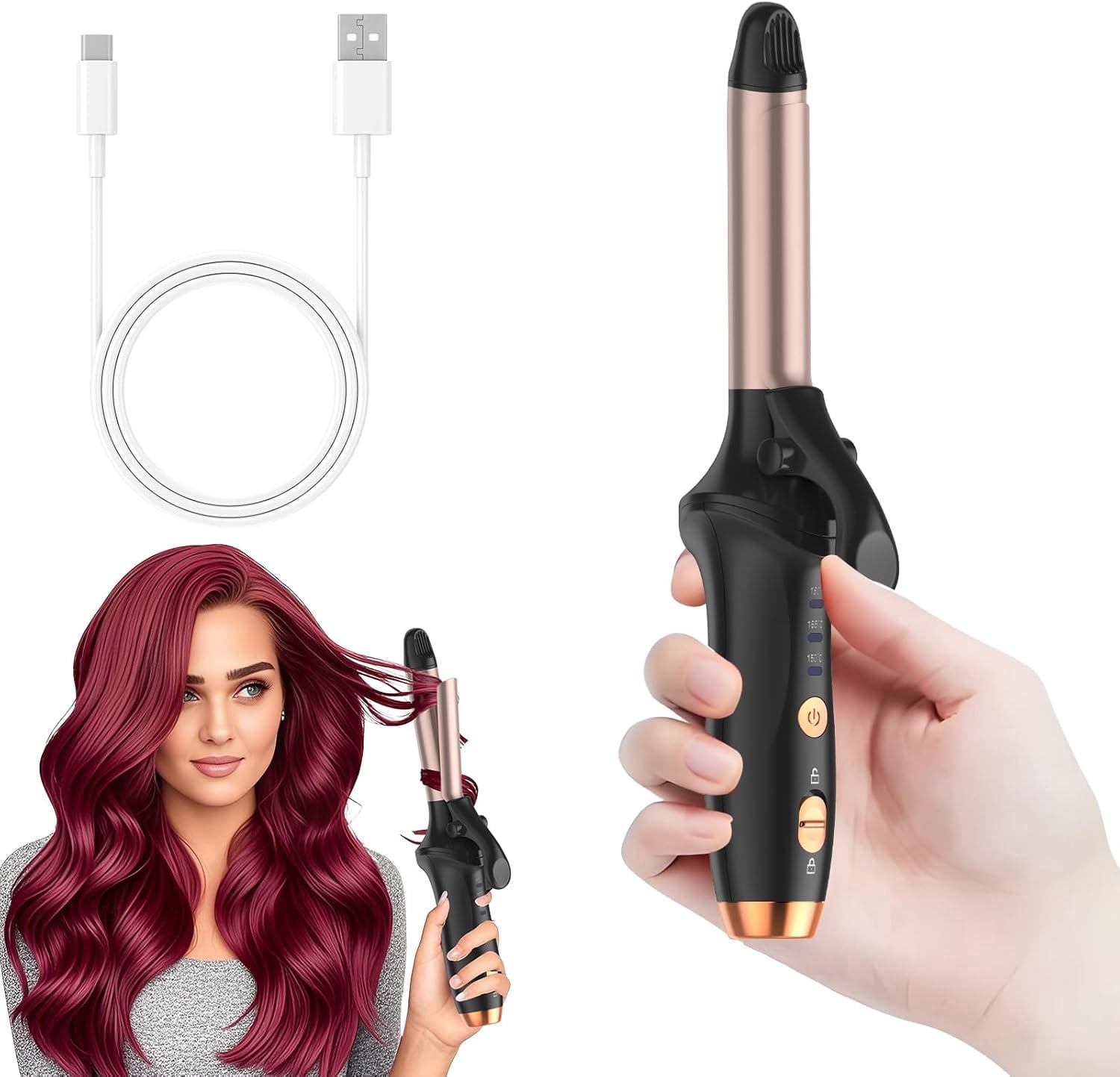 Cordless Curling Iron, Rechargeable Mini USB Curler,4000mAh Wireless Curling Wand with 3 Temps Settings(302-356°F),Portable Travel Hair Curler Hair Styler for Short & Long Hair