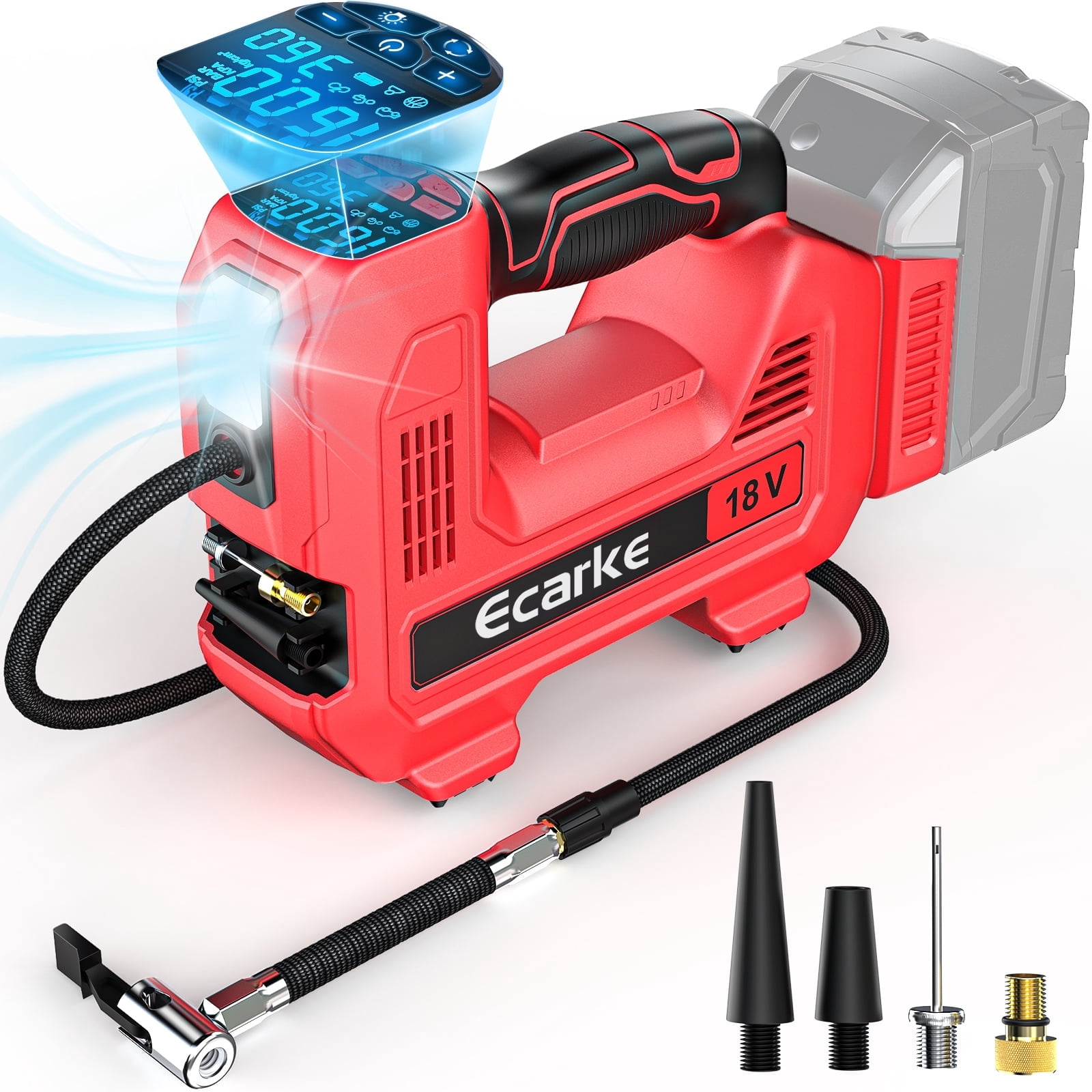 Cordless Digital Tire Inflator with LCD and Multiple Nozzles Tire Inflator For 18v Battery, Portable Air Compressor Auto Tire Pump(Tool Only, NO Battery)