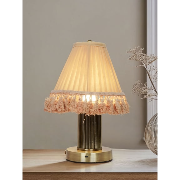 Cordless Dimmable Touch Antique Brass Table Lamp with Camel Pleated Shade