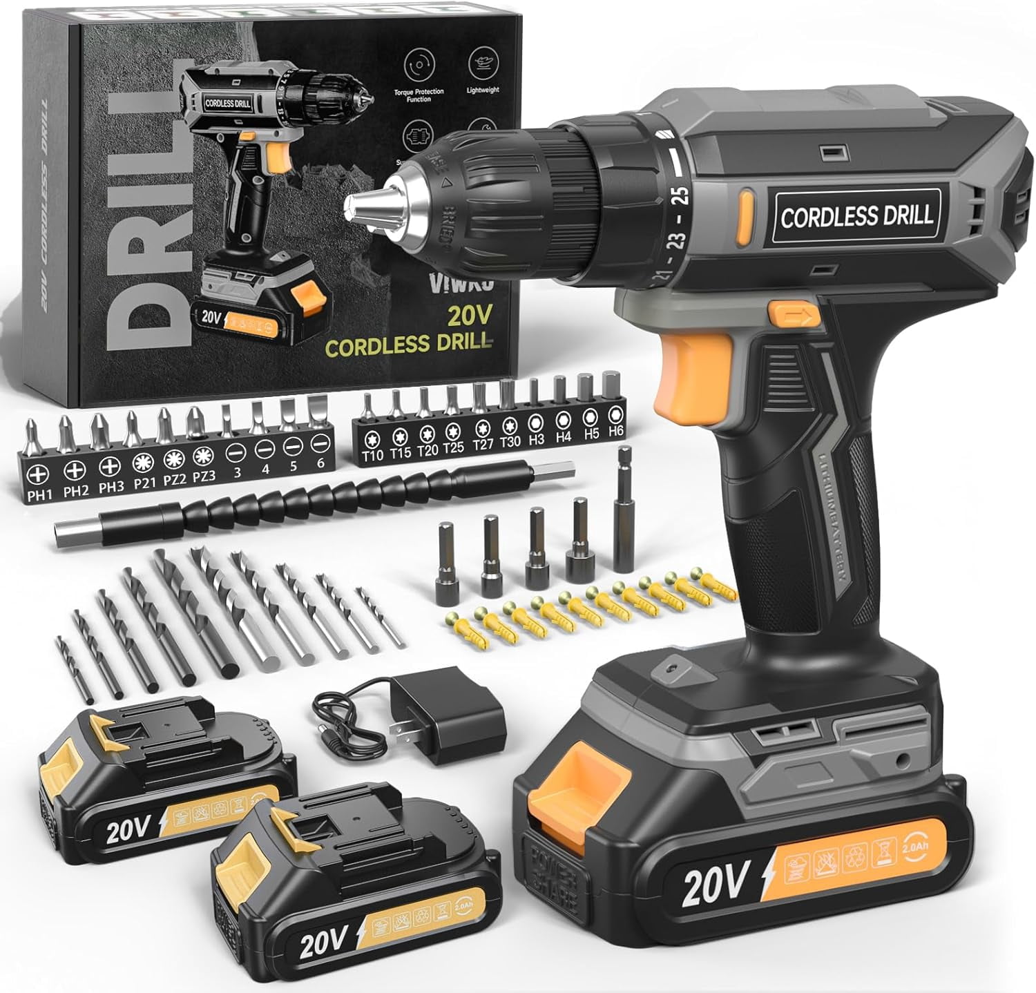 20V Cordless Drill Kit With 2 Batteries - Lightweight Power Drill Set With LED Light & Toolbox
