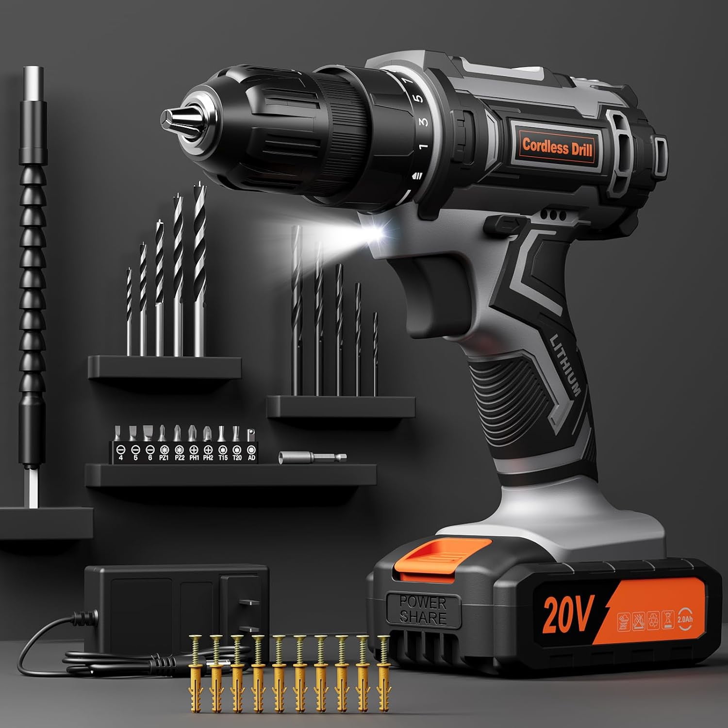Cordless Drill,20V Power Drill,2000mAh Batteries Electric Drill,Cordless Drill with Battery and Charger,3/8" Keyless Chuck Battery Drill with 25+1 Max 370 In-lb Torque, 42Pcs Drill Bits