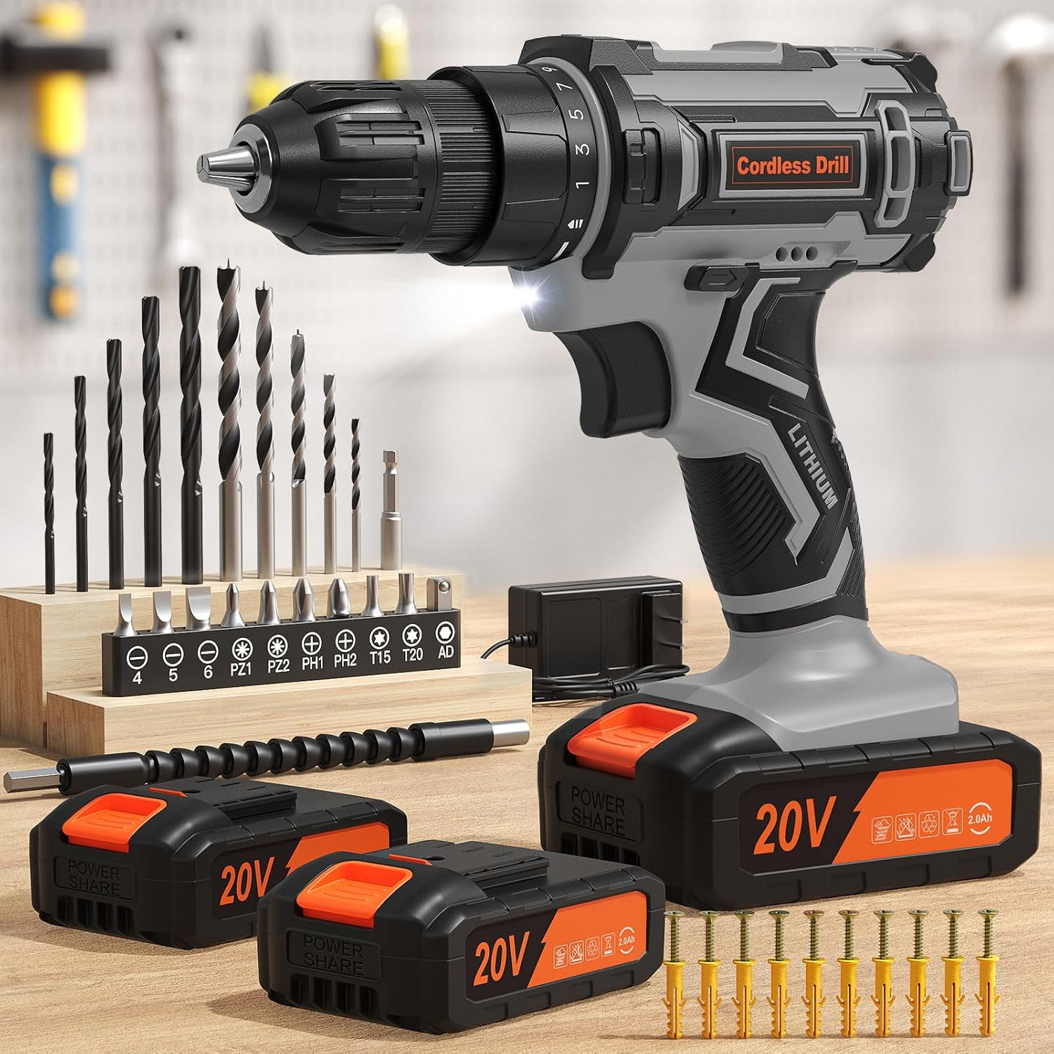 Cordless Drill,20V Power Drill,2000mAh Batteries Electric Drill,Cordless Drill with Battery and Charger,3/8" Keyless Chuck Battery Drill with 25+1 Max 370 In-lb Torque, 42Pcs Drill Bits