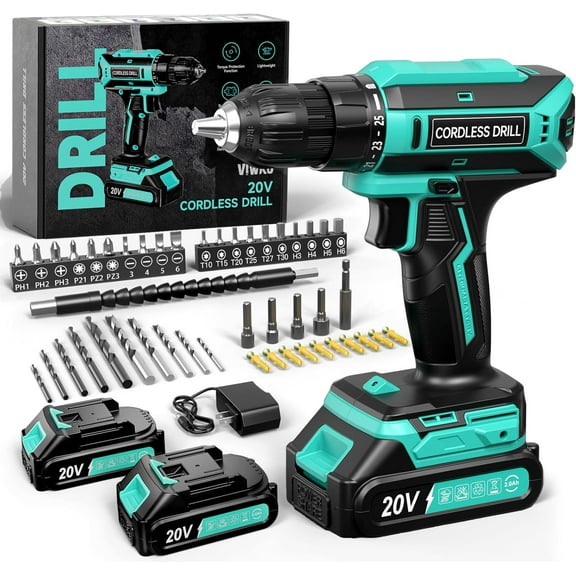 Cordless Drill, 20V Power Drill Set with 2 & , 3/8 Inch Keyless Chuck, Variable Speed, 25+1 Position and 56 count Bits/Screws, Power Tools for Projects