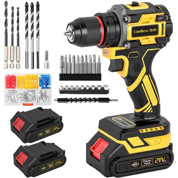 Cordless Drill, 21V Brushless Power Drill with Dual 2.0Ah Power Pack and Charger, Electric Drills Set, 3/8" Metal Chuck, 25+1 Torque, 2 Speed Compact Drills with 87 count for DIY, Repair &