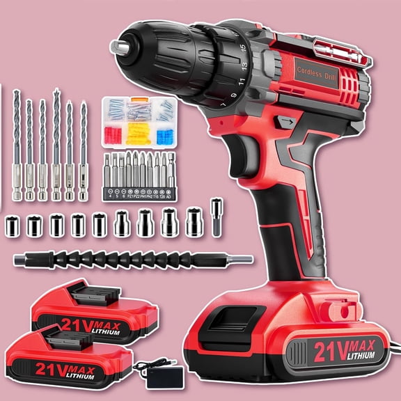 Cordless Drill, 21V Power Drill with Dual 2.0Ah Power and , Power Drills Set, 3/8" Chuck, 25+1 Torque, Compact Drills with 90 Accessories Tool for DIY, Repair &