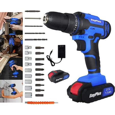 Cordless Drill 21V, Power Electric Driver with 1 × 1500mAh Battery and Fast Charge, 25+1 Torque Setting, 3/8 Inch Keyless Chuck, 2 Variable Speed, for Drilling and Tightening/Loosening Screws