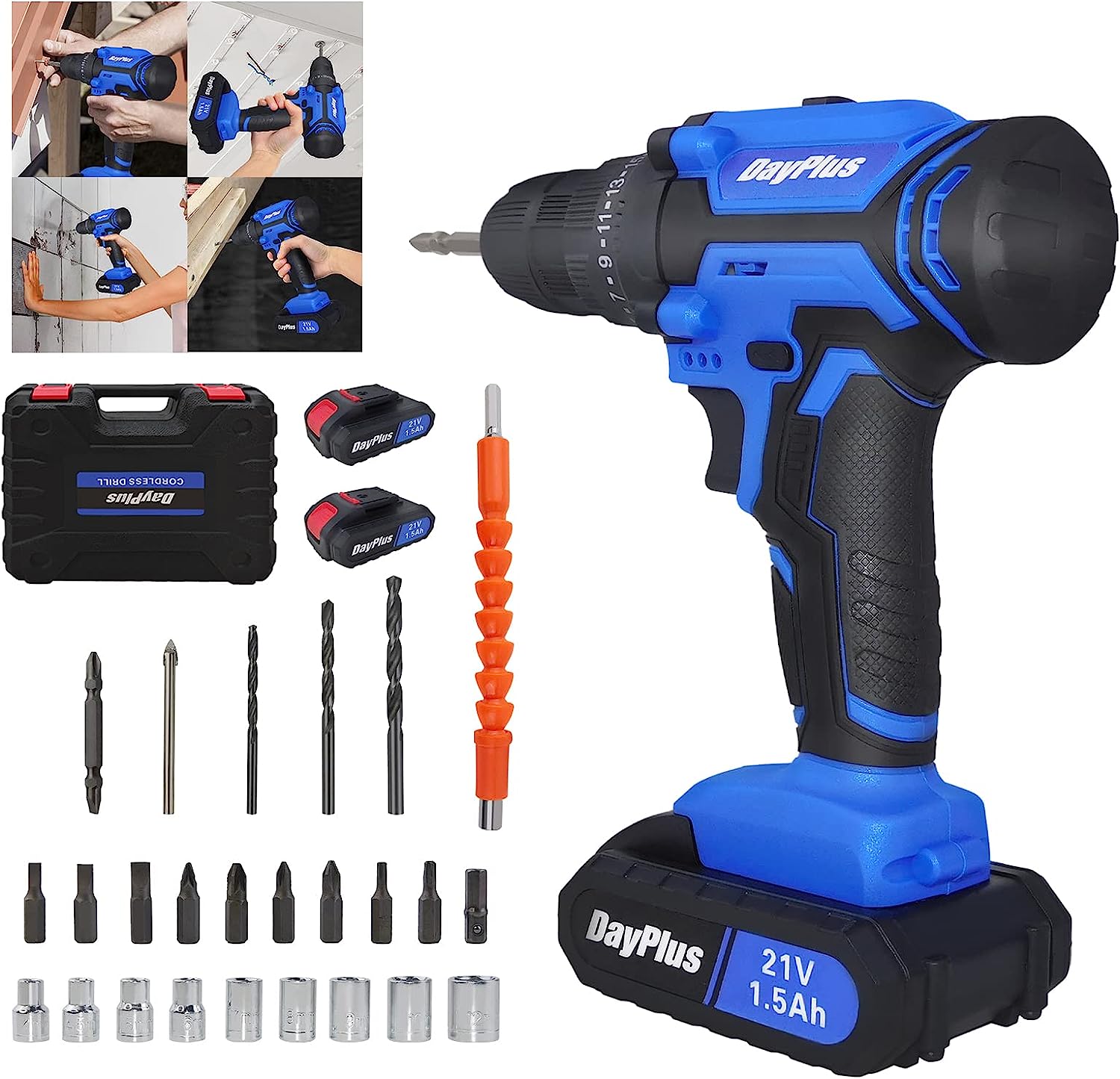 Variable Chuck Cordless Drill 21V, Power Electric Driver with 2 × 1500mAh Battery and ...