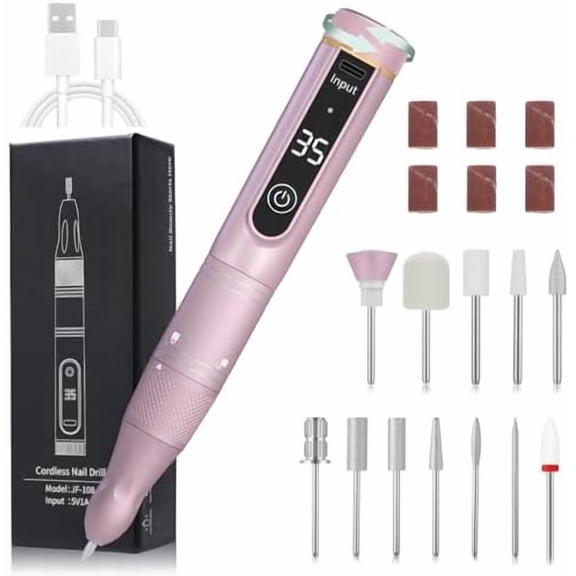 Cordless  Drill, 35000RPM Professional Efile  Drill Machine, LCD Display  Portable Electril  Drill with 12 count Bits and 6 count Sanding Bands for  Nails  Polish Remover