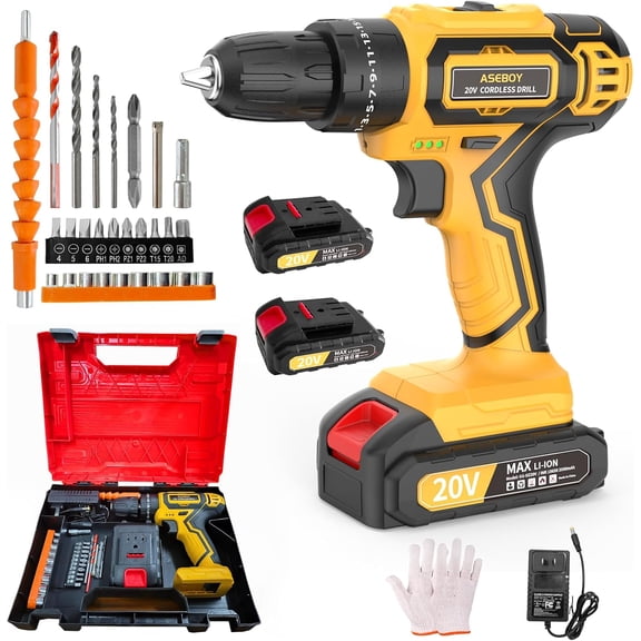 Cordless Drill with Battery and Charger, 20V Electric Power Drill with 3/8" Keyless Chuck, 25+3 Torque Settings & Impact Mode for Drilling, Screwdriving, and Home Improvement(2 Batteries)