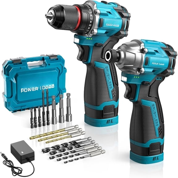 Cordless Drill  Driver 16.8V Brushless Power Tool Combo Kits 2x 2.0Ah  w/Charger, 16-Pc Bits, Tool Bag, 3/8'' Drill & 1/4''  Driver for  DIY, Woodworking (Blue)