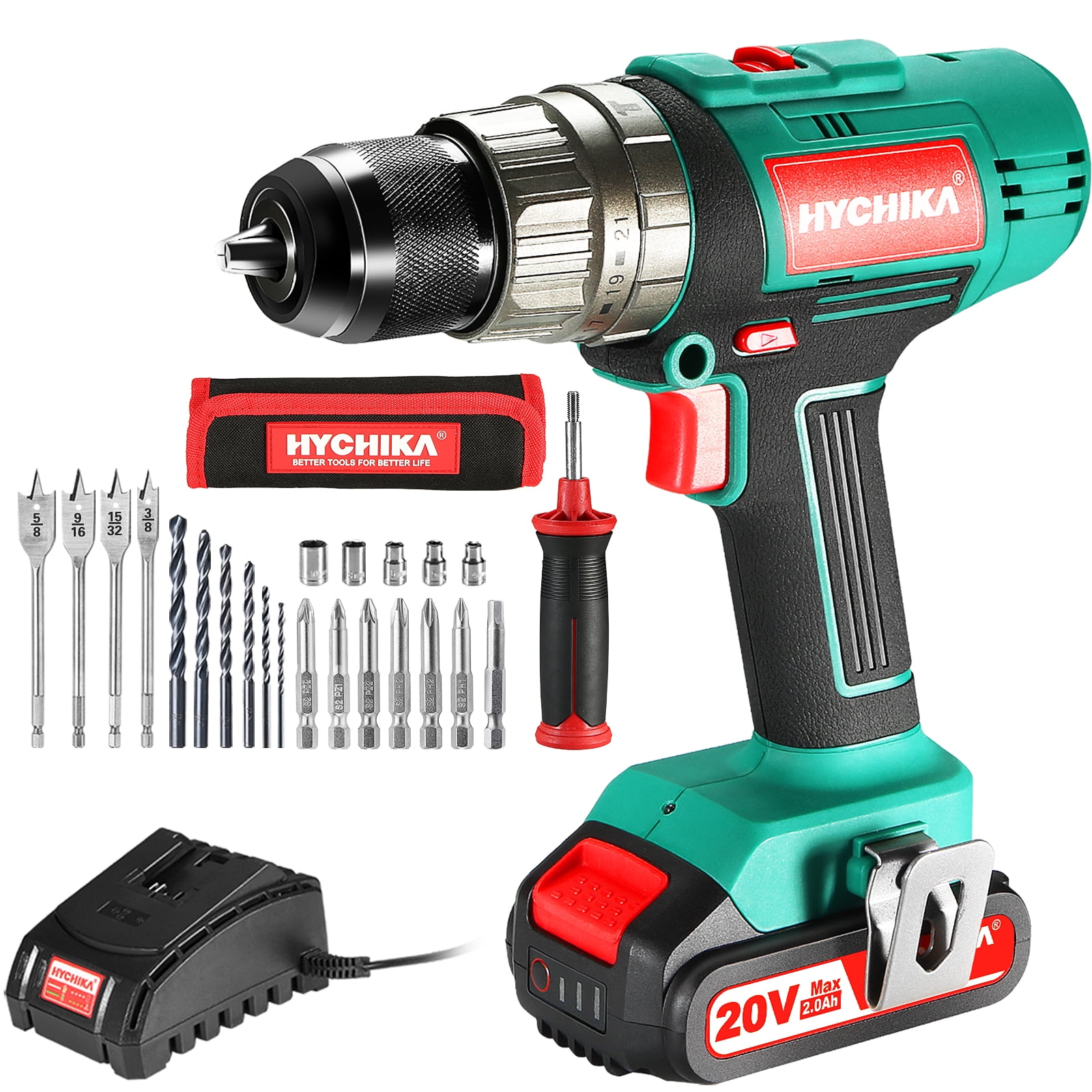 Cordless Drill Driver 20V, HYCHIKA 450 in-lbs Torque Power Drill with Auxiliary Handle, 1/2 Metal Chuck, 2.0Ah Li-ion Battery
