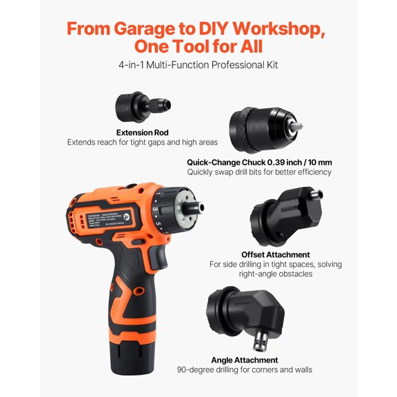 Cordless Drill Driver,5-In-1,Metal Chuck,Dual-Speed Variable,Drill Driver Kit with 2 Lithium Batteries&Charger,Tool Box,for Wood&Metal Drilling,Screw Tightening or Loosening